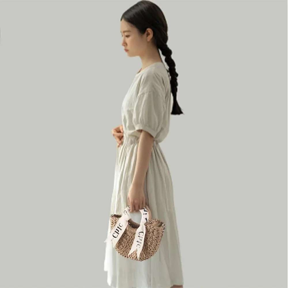 Women's Straw Shoulder Handbag Woven Tote Purse Summer Beach Bag Off White - Picture 8 of 9